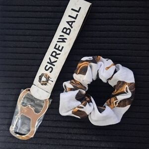 Skrewball Whiskey Keychain Lanyard Clutch & White and Brown Scrunchie